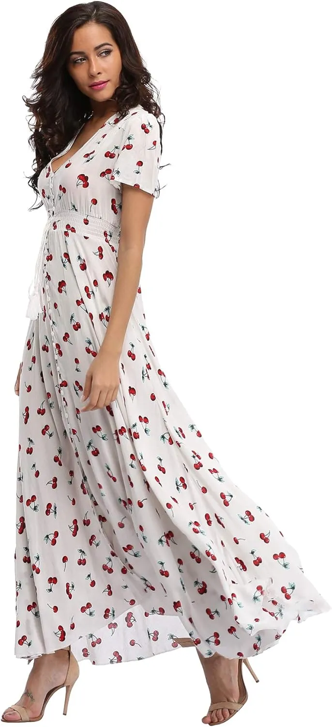 Women's Boho Floral Maxi Dress Summer Button Up Split Flowy Beach Party Dress