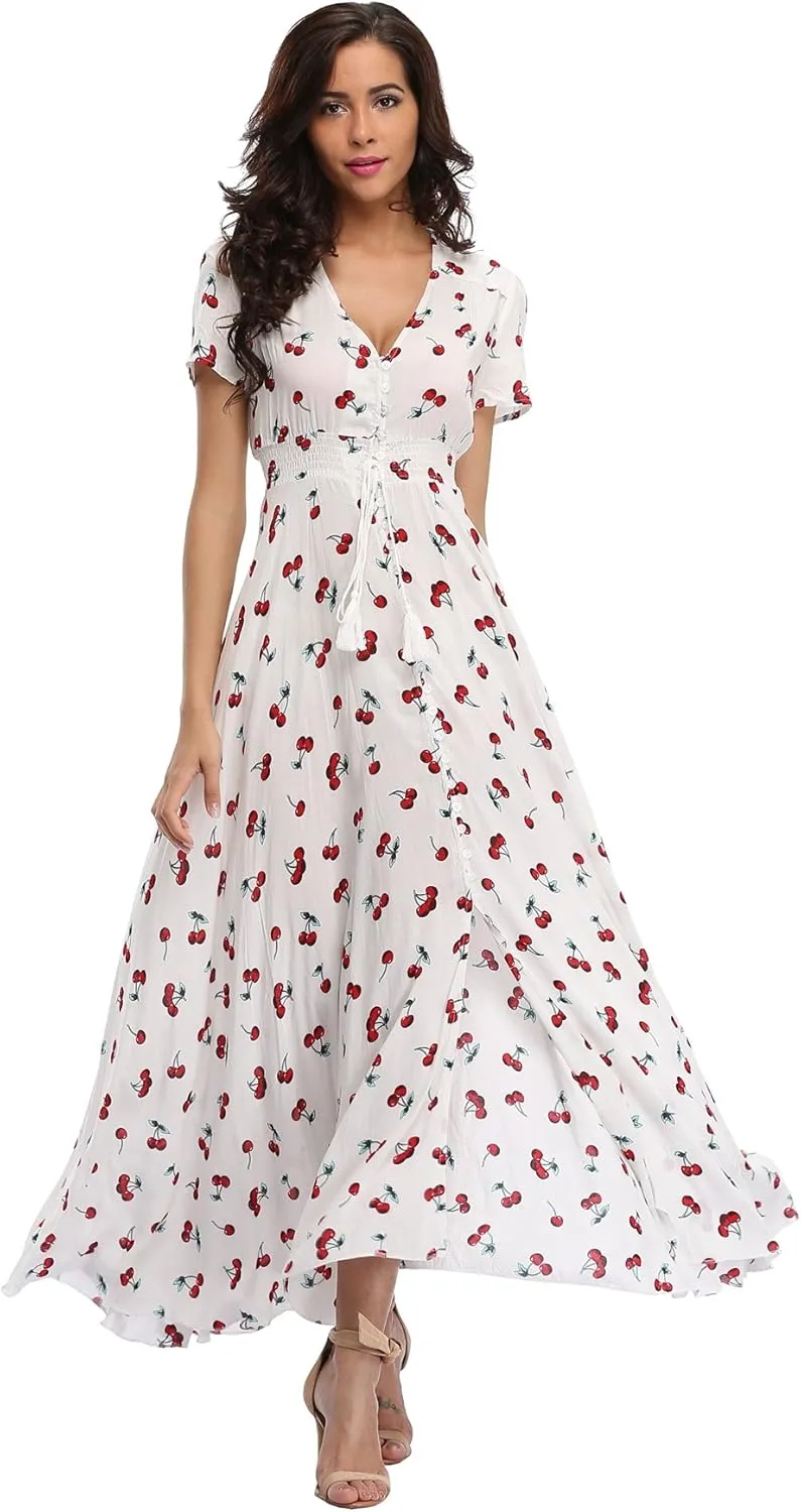 Women's Boho Floral Maxi Dress Summer Button Up Split Flowy Beach Party Dress