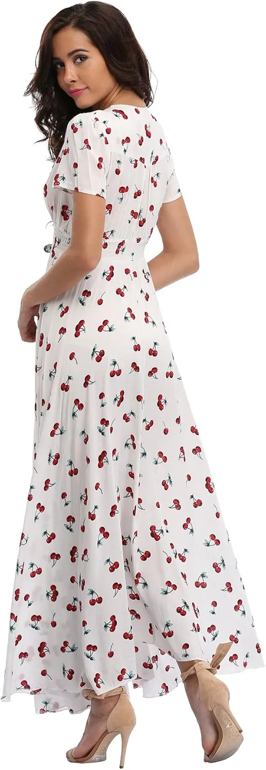 Women's Boho Floral Maxi Dress Summer Button Up Split Flowy Beach Party Dress