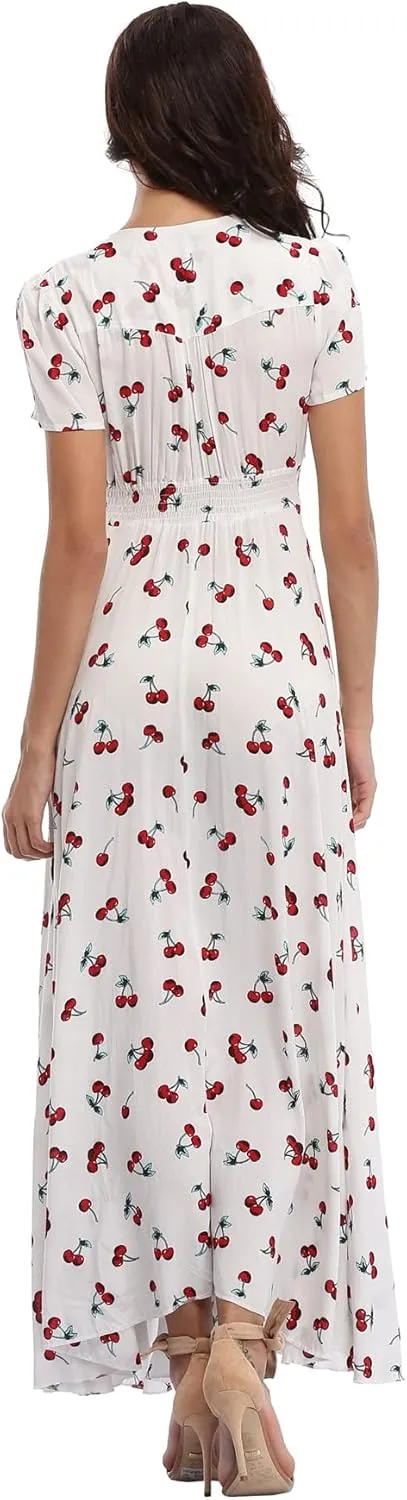 Women's Boho Floral Maxi Dress Summer Button Up Split Flowy Beach Party Dress