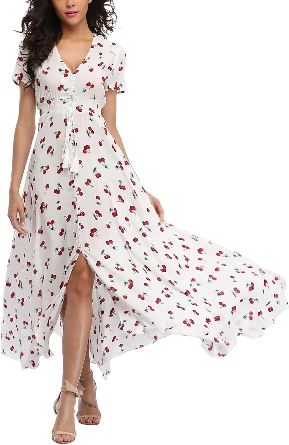 Women's Boho Floral Maxi Dress Summer Button Up Split Flowy Beach Party Dress