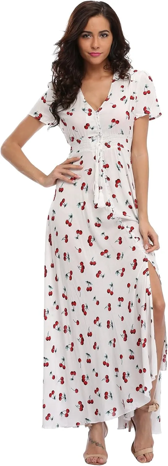 Women's Boho Floral Maxi Dress Summer Button Up Split Flowy Beach Party Dress