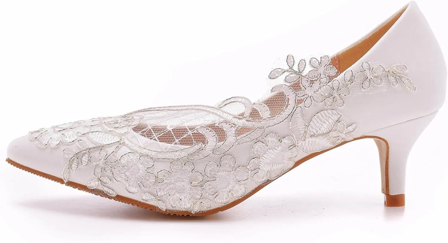 Women's Bridal Shoes, 5 Cm Lace Net Flower High Heels Shallow Mouth Pumps Wedding Photo Dress Comfortable Pointed Toe Banquet Low Heeled Shoes, 40 EU,White