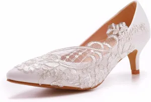 Women's Bridal Shoes, 5 Cm Lace Net Flower High Heels Shallow Mouth Pumps Wedding Photo Dress Comfortable Pointed Toe Banquet Low Heeled Shoes, 40 EU,White