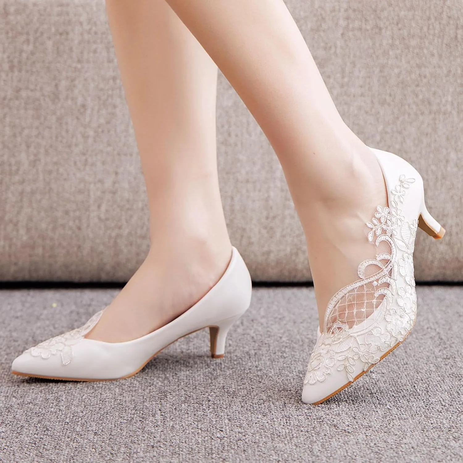 Women's Bridal Shoes, 5 Cm Lace Net Flower High Heels Shallow Mouth Pumps Wedding Photo Dress Comfortable Pointed Toe Banquet Low Heeled Shoes, 40 EU,White