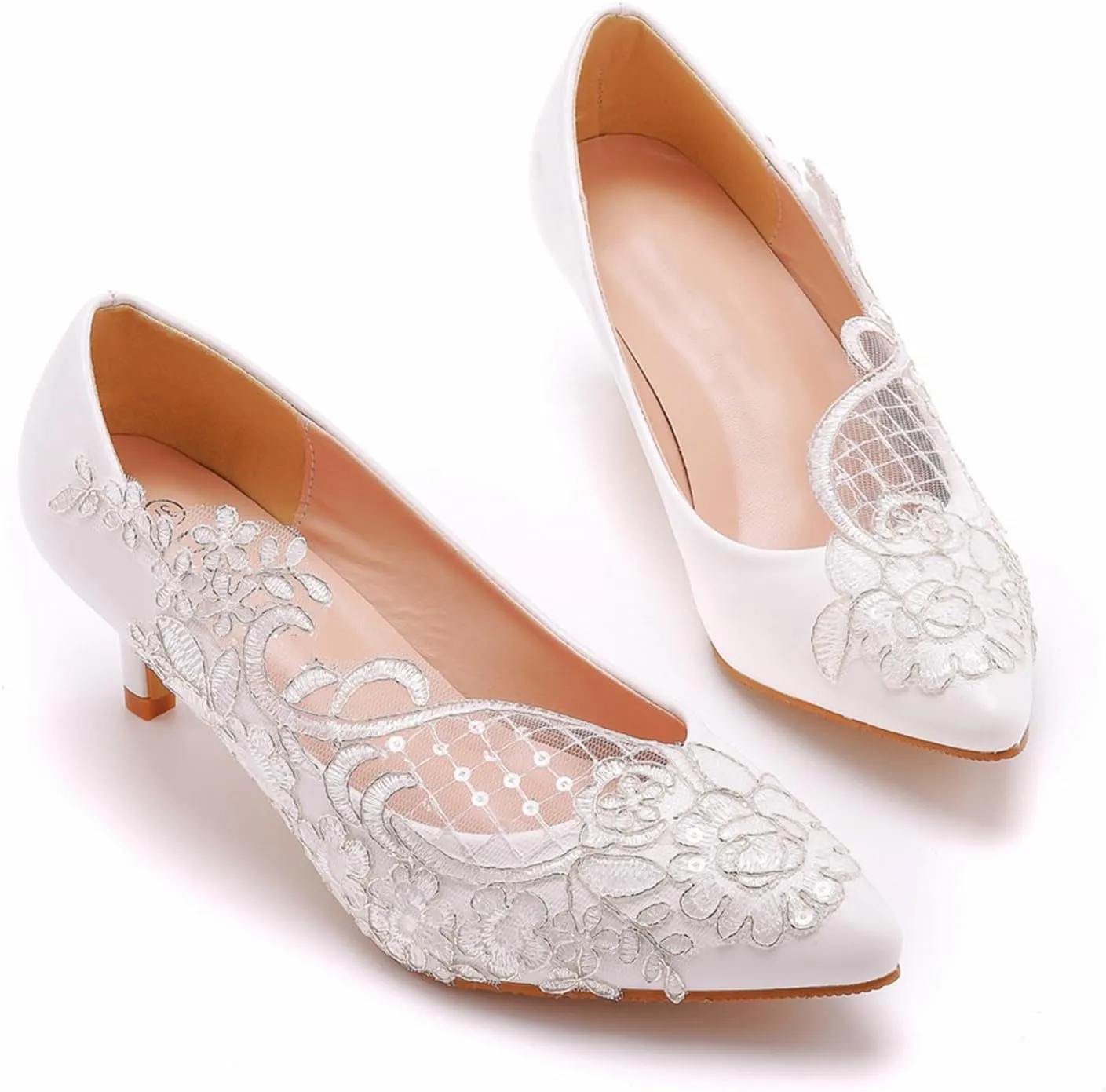 Women's Bridal Shoes, 5 Cm Lace Net Flower High Heels Shallow Mouth Pumps Wedding Photo Dress Comfortable Pointed Toe Banquet Low Heeled Shoes, 40 EU,White