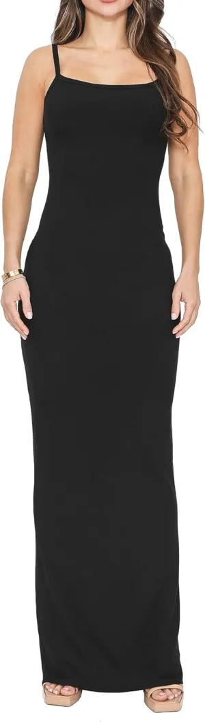Womens Casual Slip Long Maxi Dress Spaghetti Strap Summer Vacation Ribbed Bodycon Lounge Dresses