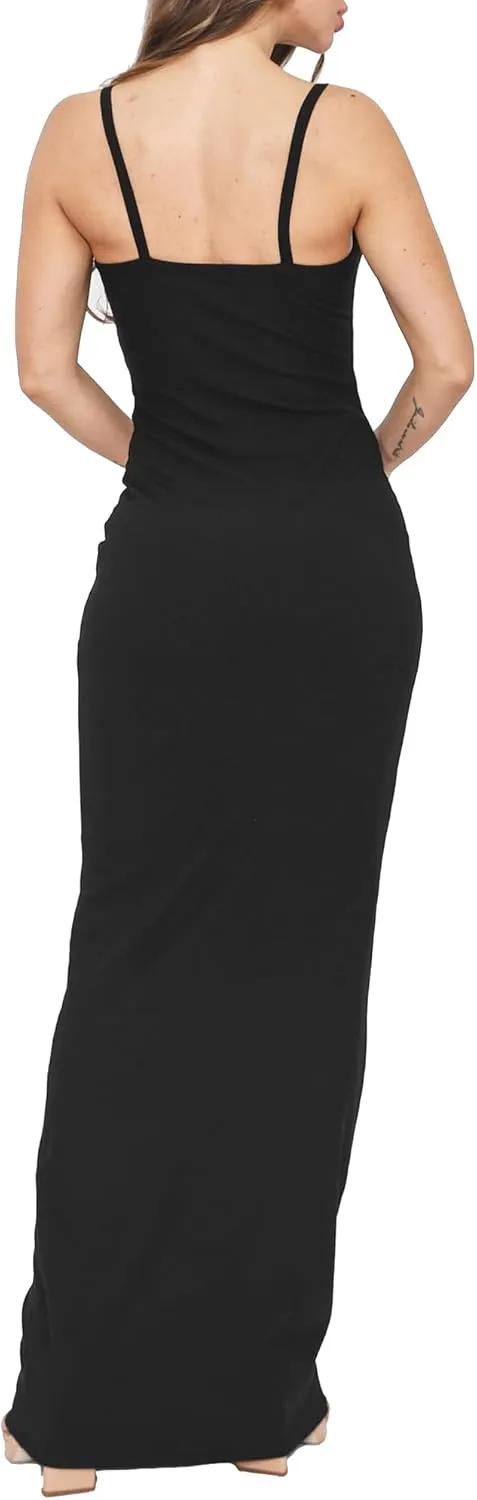 Womens Casual Slip Long Maxi Dress Spaghetti Strap Summer Vacation Ribbed Bodycon Lounge Dresses