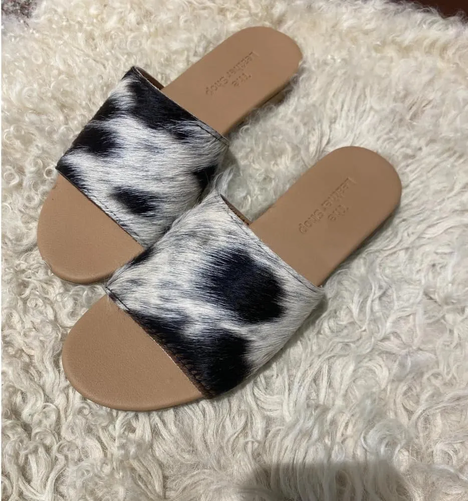 Women's Cowhide Leather Flat Slippers - Stylish, Comfortable, Durable Indoor Footwear for Evenings - Perfect for Home Use!