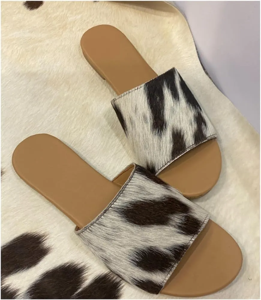 Women's Cowhide Leather Flat Slippers - Stylish, Comfortable, Durable Indoor Footwear for Evenings - Perfect for Home Use!