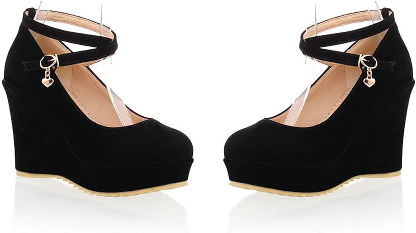 Womens Cross Strap Dress Pumps Slip On Comfortable Casual Round Toe Platform Wedge High Heel Shoes