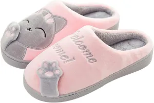 Womens Cute Cat Animal Plush Slip On Winter Warm Bedroom Shoes Memory Foam House Slippers Non Slip Sole