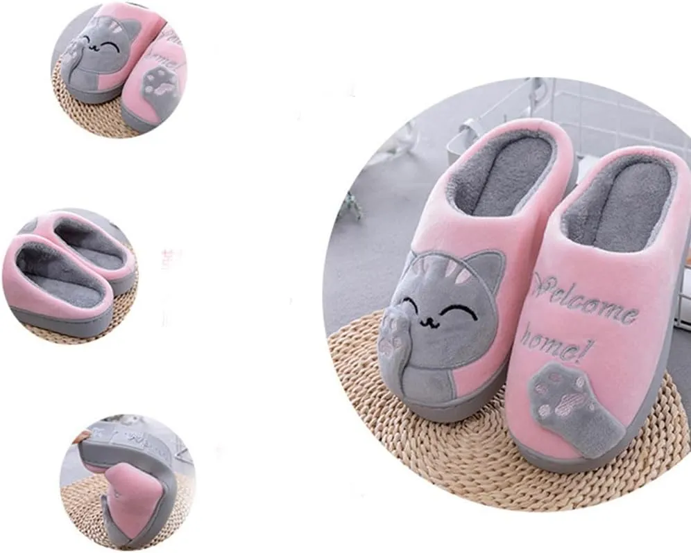 Womens Cute Cat Animal Plush Slip On Winter Warm Bedroom Shoes Memory Foam House Slippers Non Slip Sole