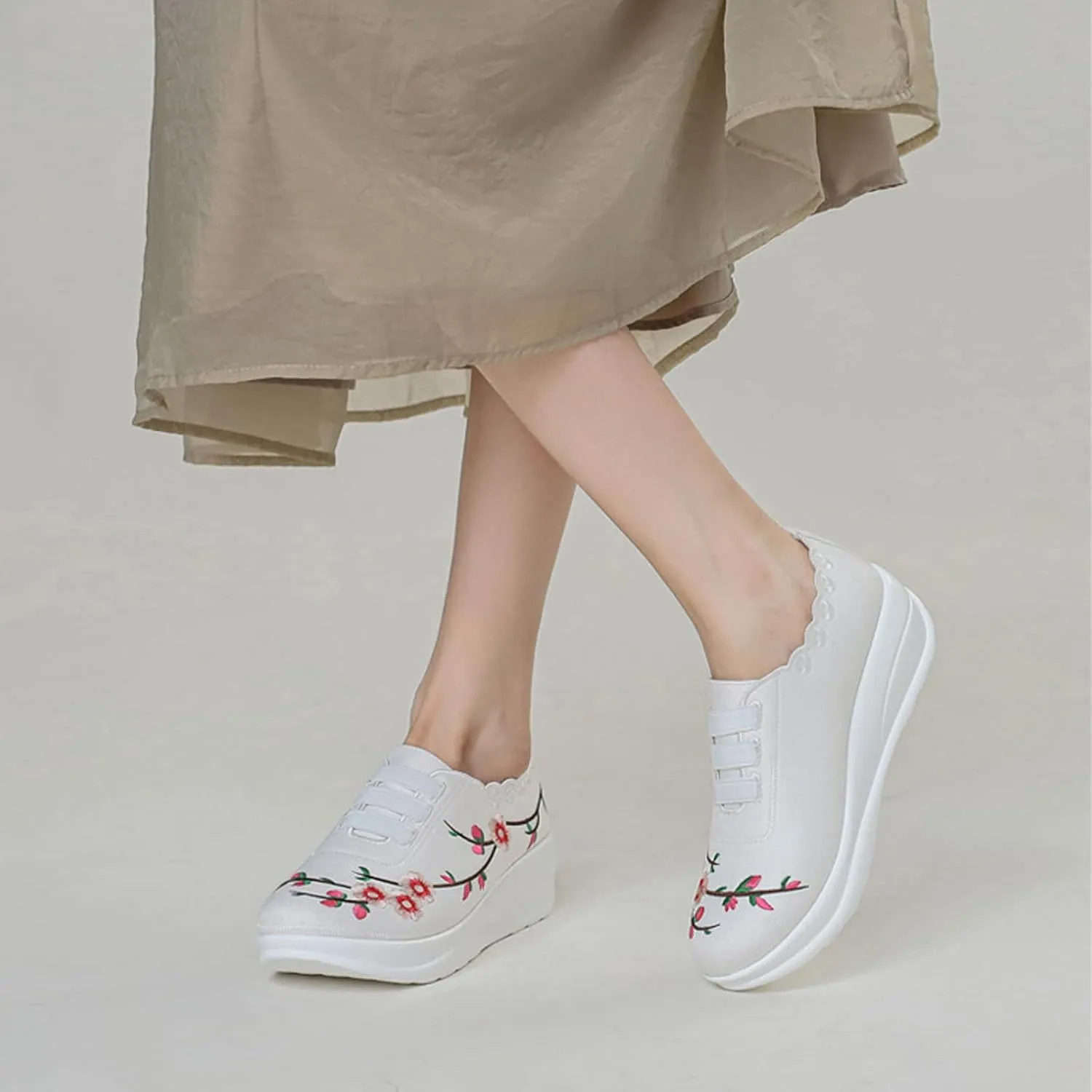 Women's Embroidered Platform Orthopedic Sneakers,Breathable Knited Mesh Lightweight Walking Shoes,Comfortable Slip On Hidden Wedges Walking Shoes