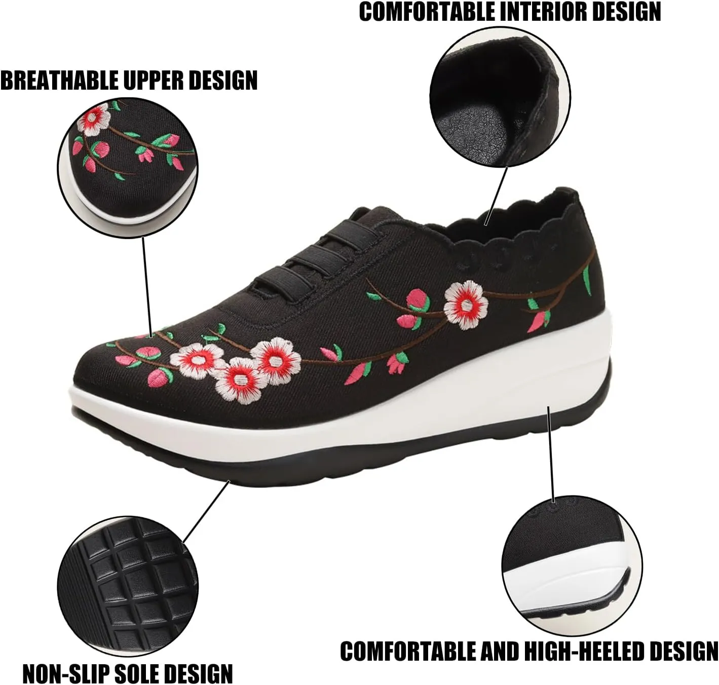 Women's Embroidered Platform Orthopedic Sneakers,Breathable Knited Mesh Lightweight Walking Shoes,Comfortable Slip On Hidden Wedges Walking Shoes