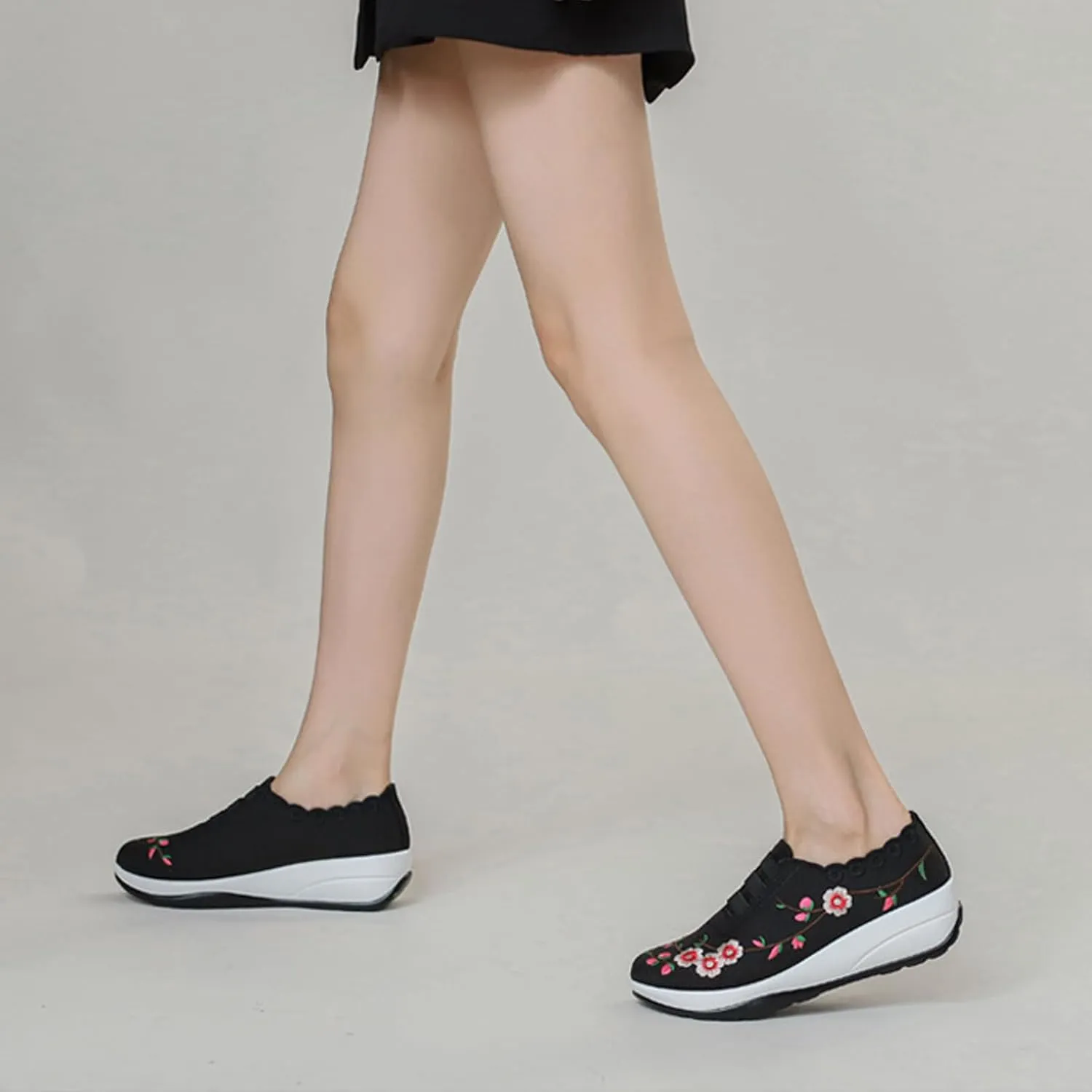 Women's Embroidered Platform Orthopedic Sneakers,Breathable Knited Mesh Lightweight Walking Shoes,Comfortable Slip On Hidden Wedges Walking Shoes