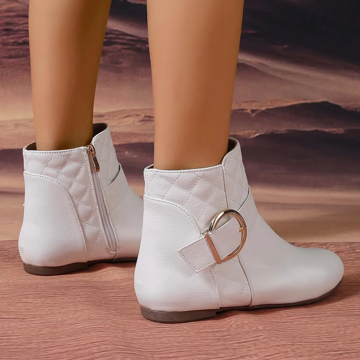 Women’s Fall Flat Ankle Boots - Low Heel Booties with Metal Ring Detail, Short No Heel Boots for Women, Stylish Fall Footwear