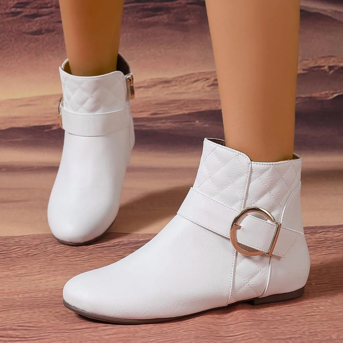 Women’s Fall Flat Ankle Boots - Low Heel Booties with Metal Ring Detail, Short No Heel Boots for Women, Stylish Fall Footwear