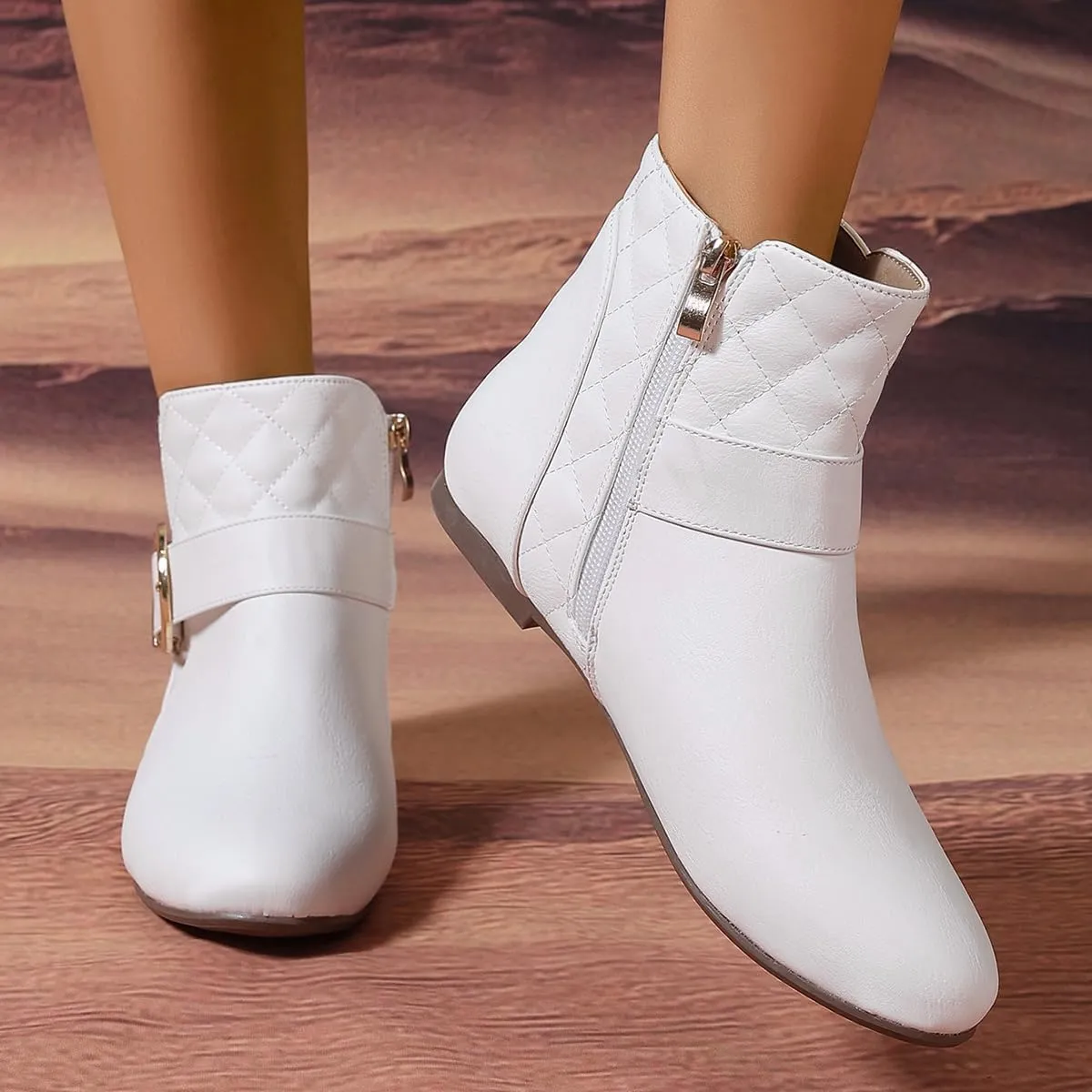 Women’s Fall Flat Ankle Boots - Low Heel Booties with Metal Ring Detail, Short No Heel Boots for Women, Stylish Fall Footwear