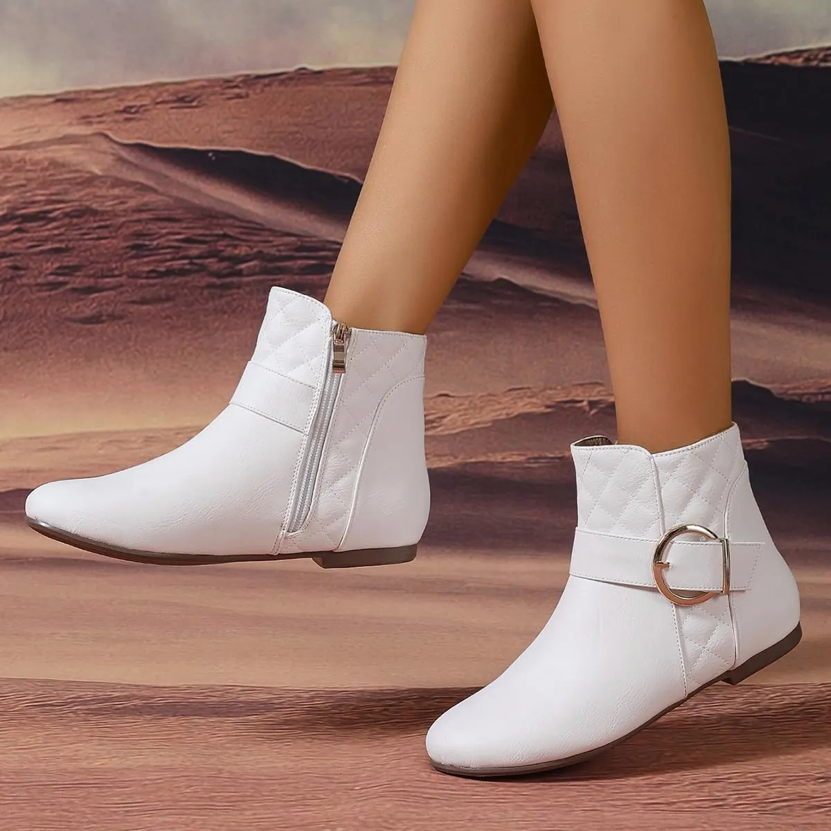 Women’s Fall Flat Ankle Boots - Low Heel Booties with Metal Ring Detail, Short No Heel Boots for Women, Stylish Fall Footwear