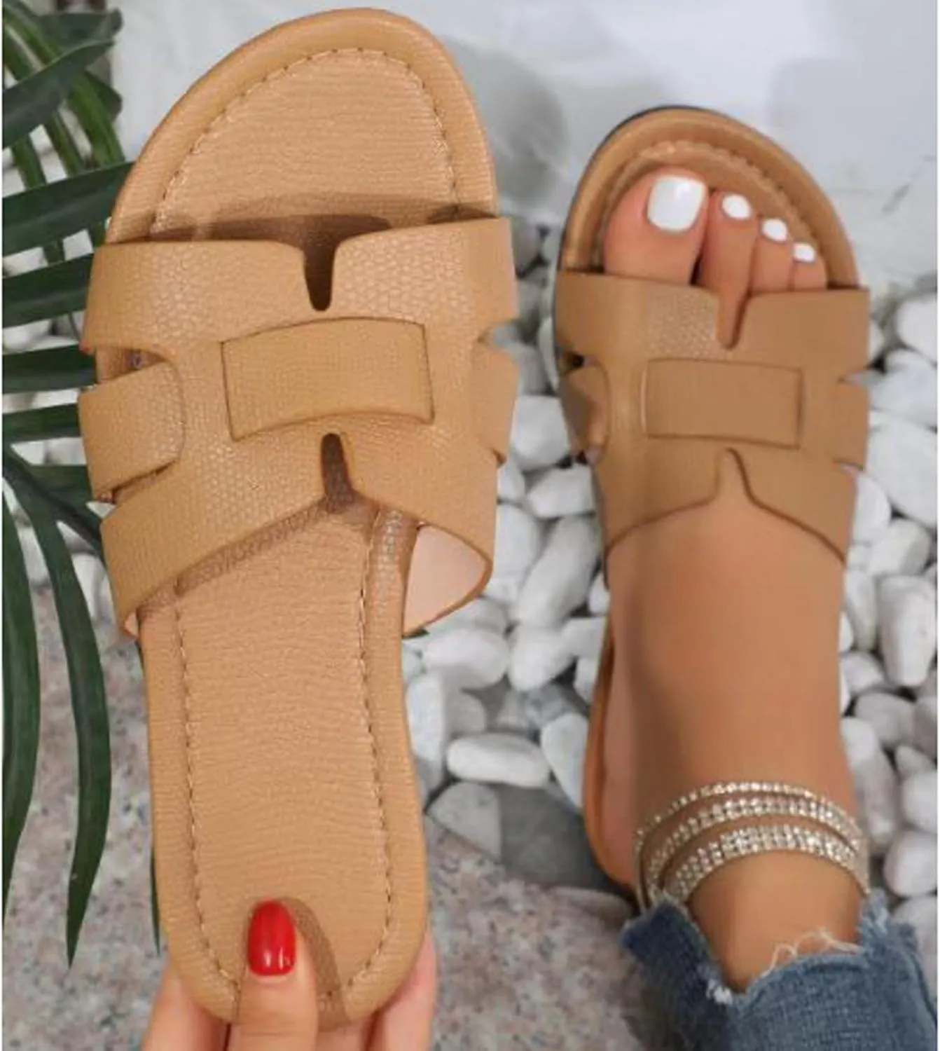 Women's Faux Leather Solid Slipper Open Toe Slip on Sandals Stylish Trendy Casual Slide Vacation Anti-Slip Shoe