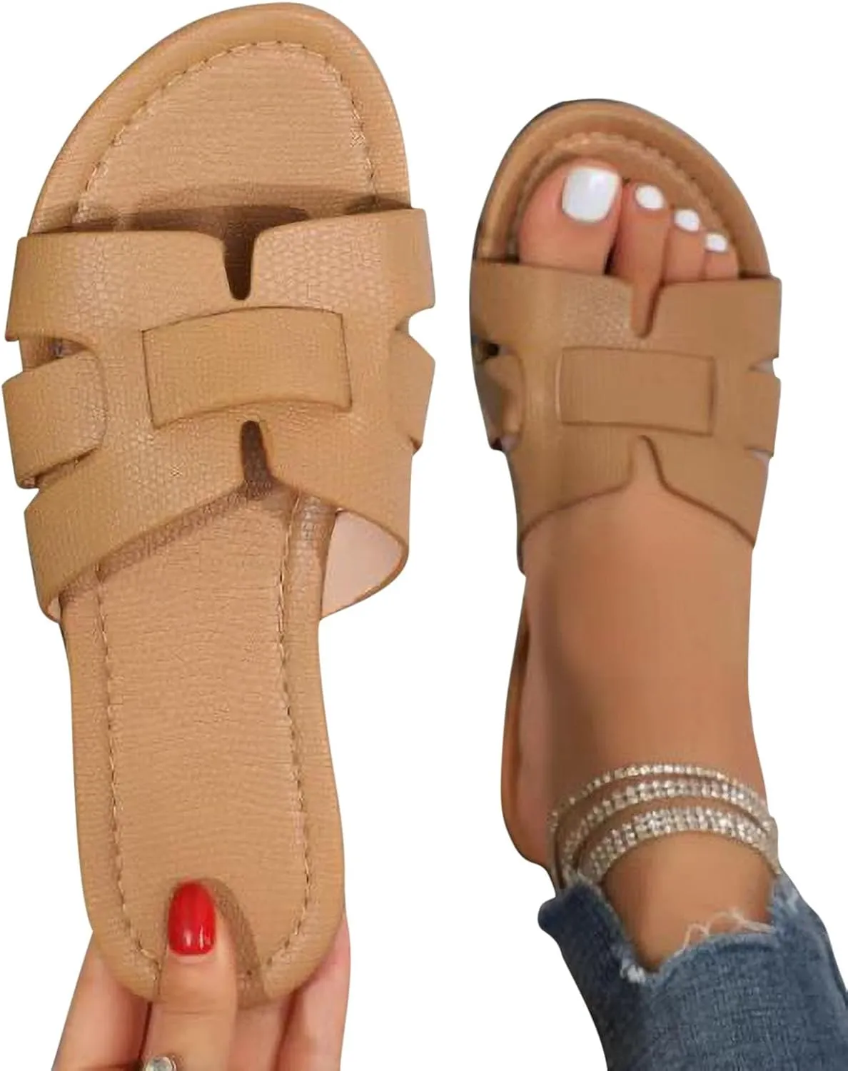 Women's Faux Leather Solid Slipper Open Toe Slip on Sandals Stylish Trendy Casual Slide Vacation Anti-Slip Shoe