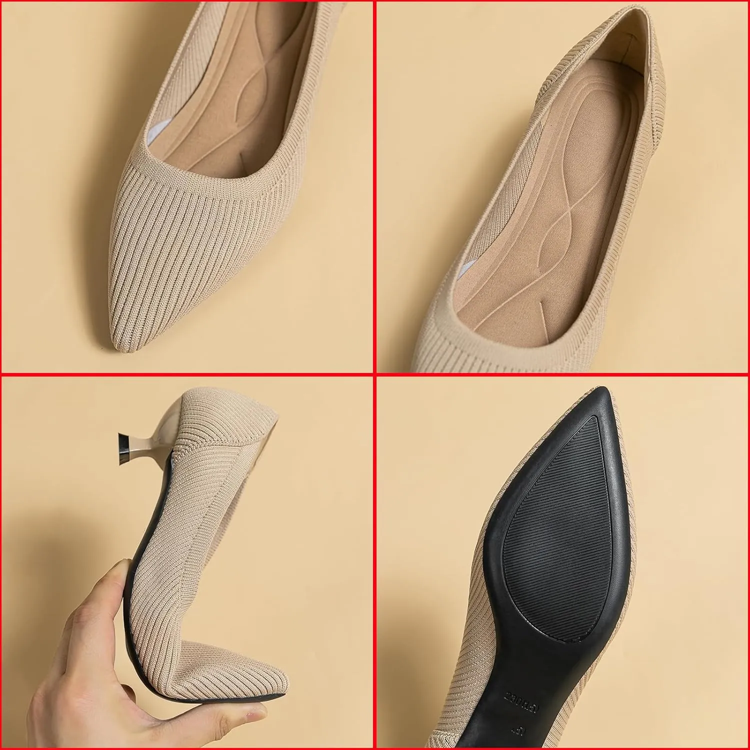 Women's Knit Kitten Heel Pumps Fashion Pointed Toe Shallow Mouth Slip On Comfortable Heels Casual Work Office Business Wedding Formal Dress Shoes