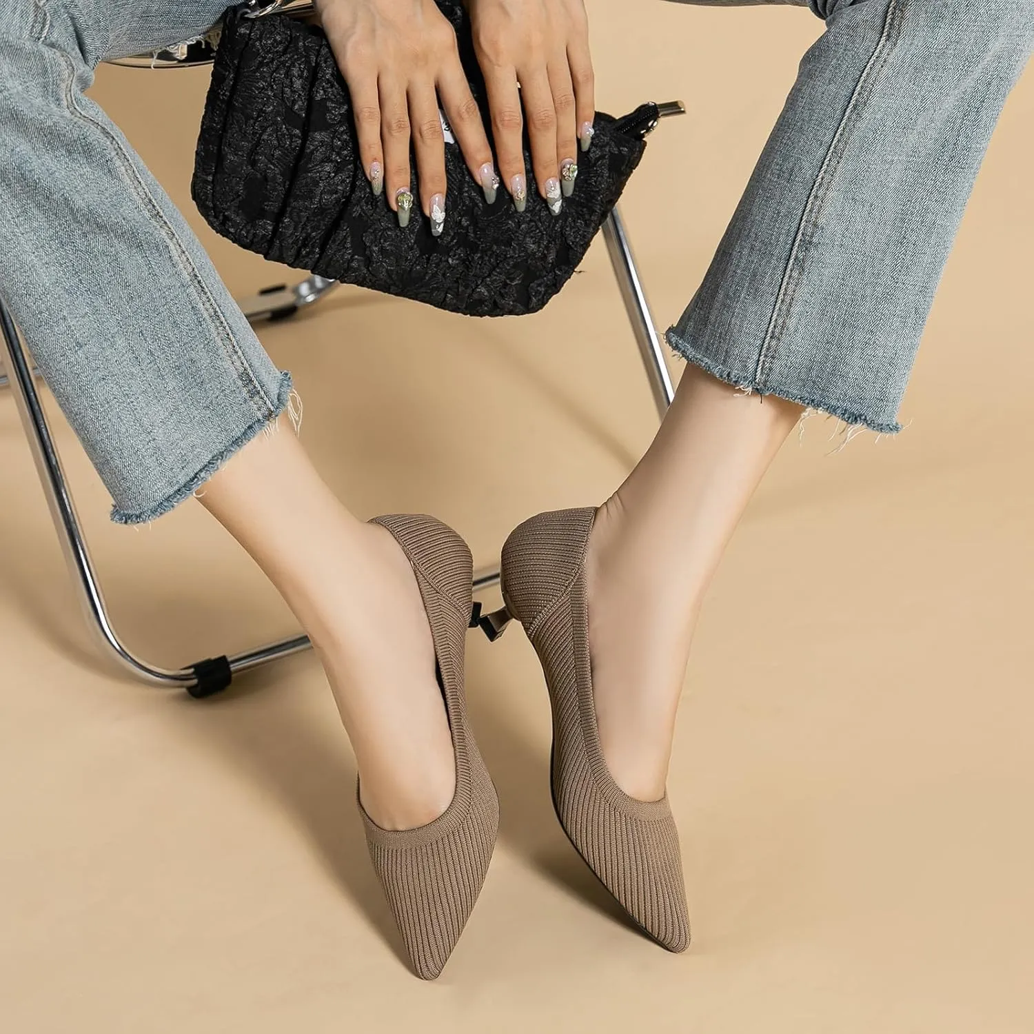 Women's Knit Kitten Heel Pumps Fashion Pointed Toe Shallow Mouth Slip On Comfortable Heels Casual Work Office Business Wedding Formal Dress Shoes