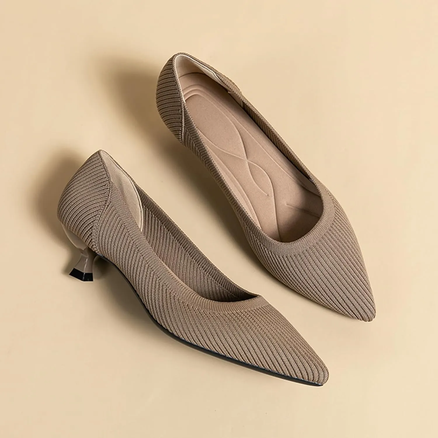 Women's Knit Kitten Heel Pumps Fashion Pointed Toe Shallow Mouth Slip On Comfortable Heels Casual Work Office Business Wedding Formal Dress Shoes