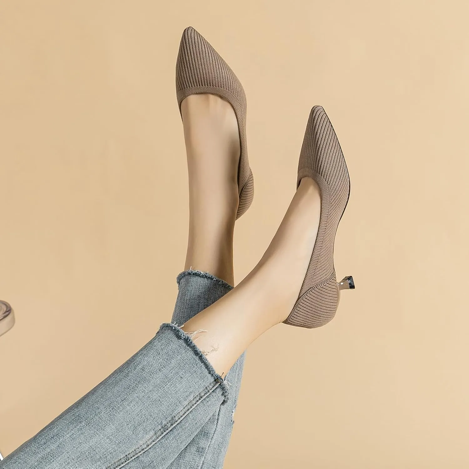 Women's Knit Kitten Heel Pumps Fashion Pointed Toe Shallow Mouth Slip On Comfortable Heels Casual Work Office Business Wedding Formal Dress Shoes