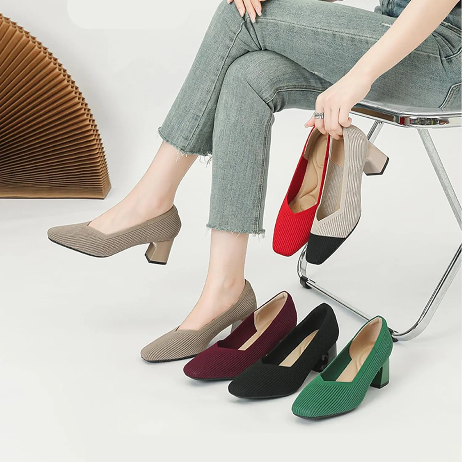 Women’s Knit Slip On Chunky Heel Pumps Square Toe Pump Low Heel Shoes Comfortable Casual Knitted Dress Shoes for Daily Office