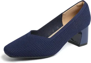 Women’s Knit Slip On Chunky Heel Pumps Square Toe Pump Low Heel Shoes Comfortable Casual Knitted Dress Shoes for Daily Office