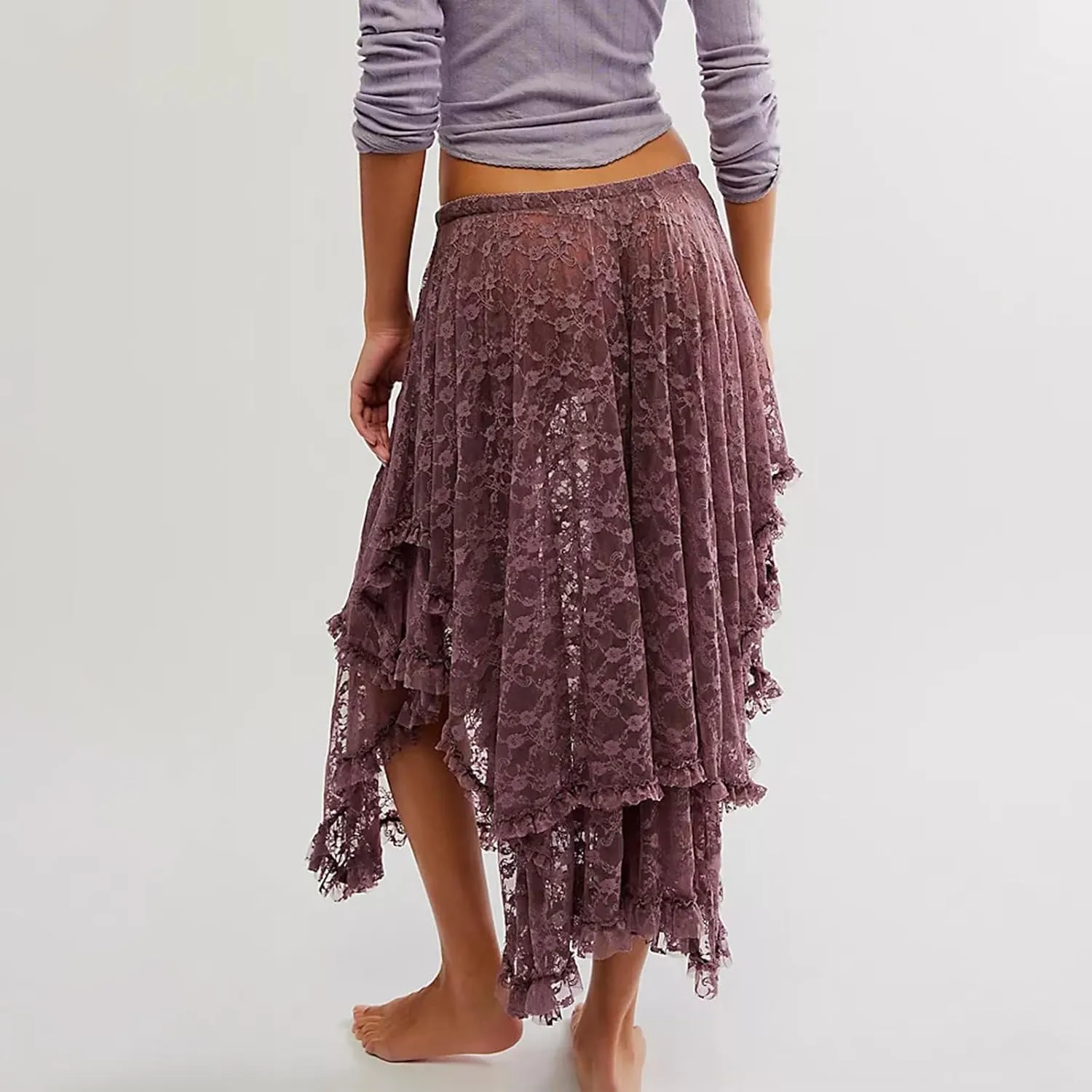 Women's Lace Long Skirt Elastic High Waist Asymmetrical Layered Flowy Maxi Skirt Irregular Hem Beach Boho Skirts