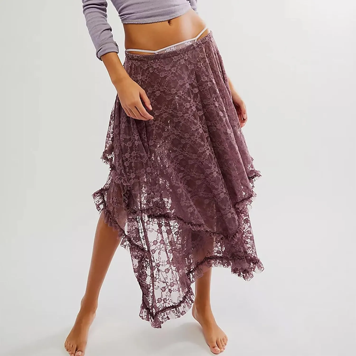 Women's Lace Long Skirt Elastic High Waist Asymmetrical Layered Flowy Maxi Skirt Irregular Hem Beach Boho Skirts