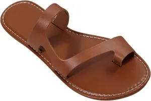 Women's Leather Toe Ring Sandal Flat Summer Trendy Stylish Slipper Vacation 2025 Flip Flop Sandals