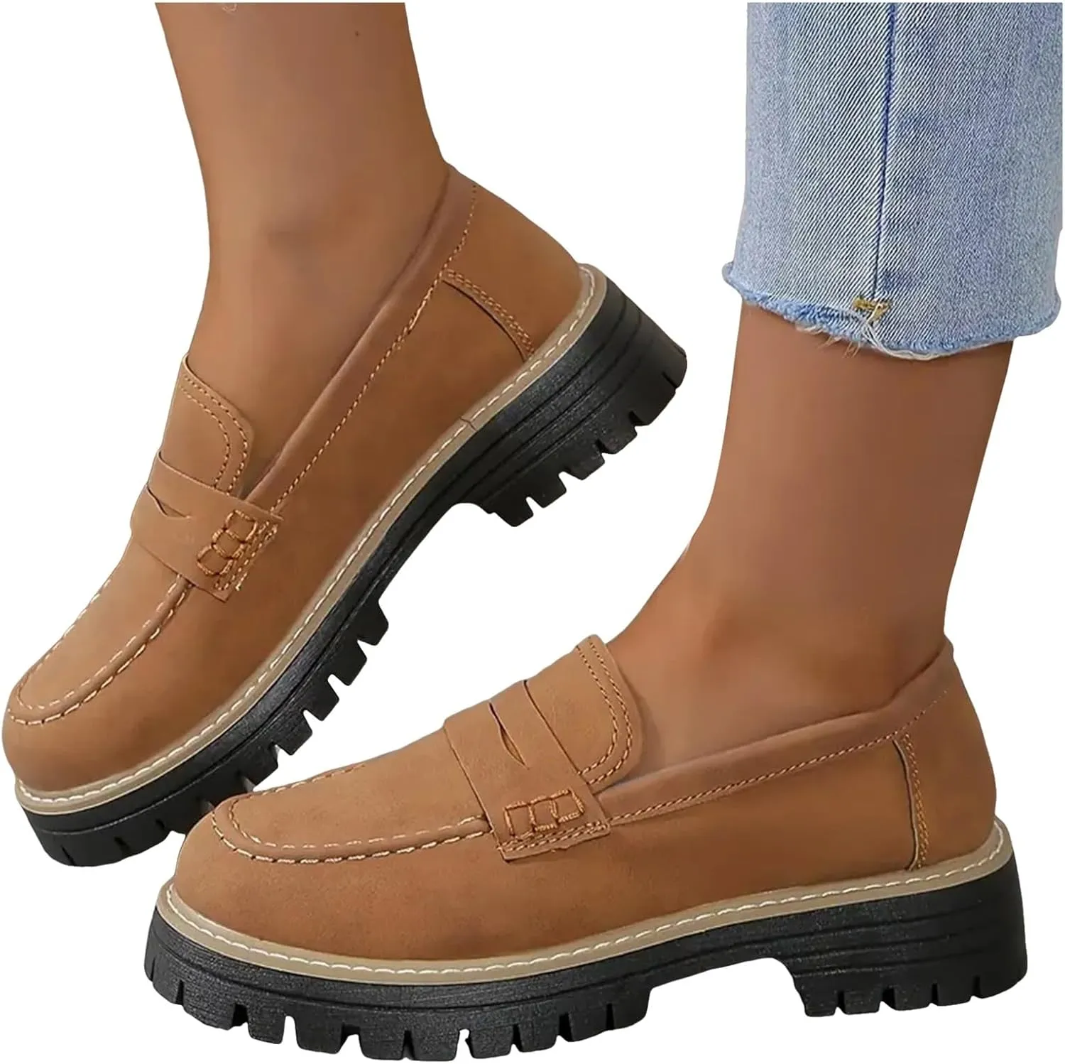 Womens Loafers Comfortable Dressy 2025 Platform Loafers for Women Suede Penny Loafers Lug Sole Casual Slip-Ons Work Business Casual Shoes Women