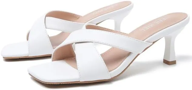 Womens Low Kitten Heel Mule Sandals Square Open Toe Cross Strap Slip on Slide Slippers Summer Wedding Evening Party Dress Shoes