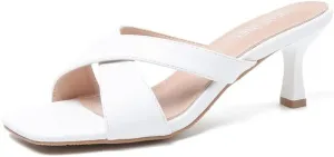 Womens Low Kitten Heel Mule Sandals Square Open Toe Cross Strap Slip on Slide Slippers Summer Wedding Evening Party Dress Shoes