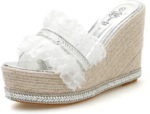 Women's Mesh Ruffles Wedge Sandals Clear Straps Rhinestone Decoration Open-Toe Slip-On Platform Slides Fashion Summer Outdoor Beach Sandals