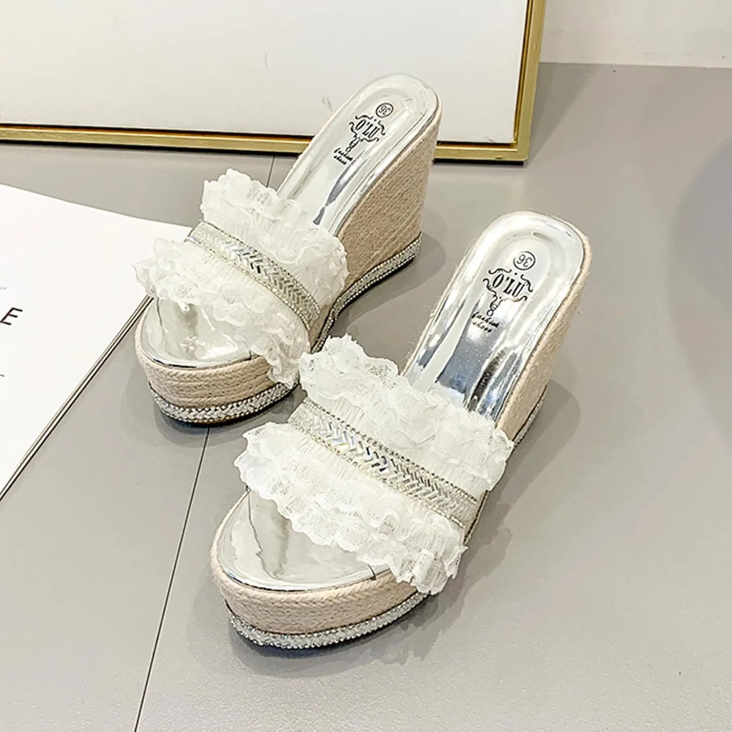 Women's Mesh Ruffles Wedge Sandals Clear Straps Rhinestone Decoration Open-Toe Slip-On Platform Slides Fashion Summer Outdoor Beach Sandals