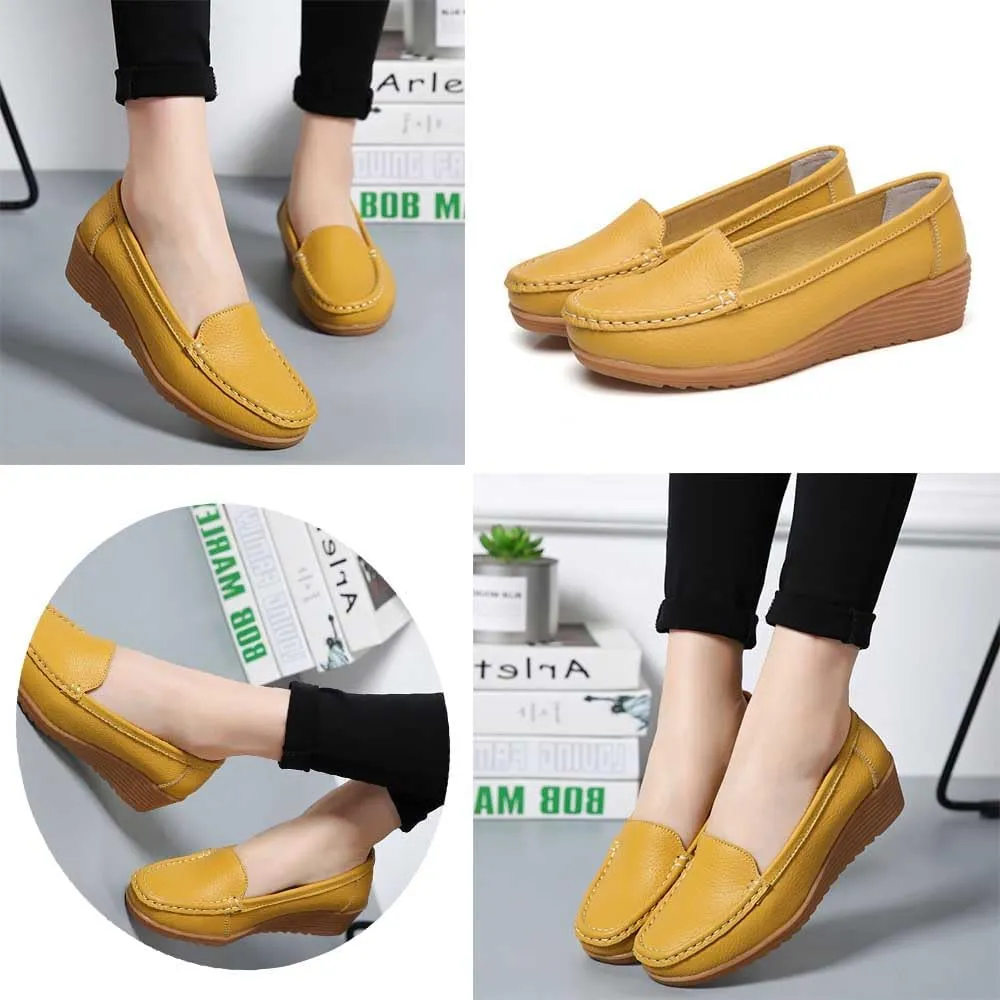 Women's Non Slip Nursing Shoes Leather Comfortable Slip on Flat Shoes Loafers for Restaurant Work
