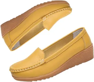 Women's Non Slip Nursing Shoes Leather Comfortable Slip on Flat Shoes Loafers for Restaurant Work