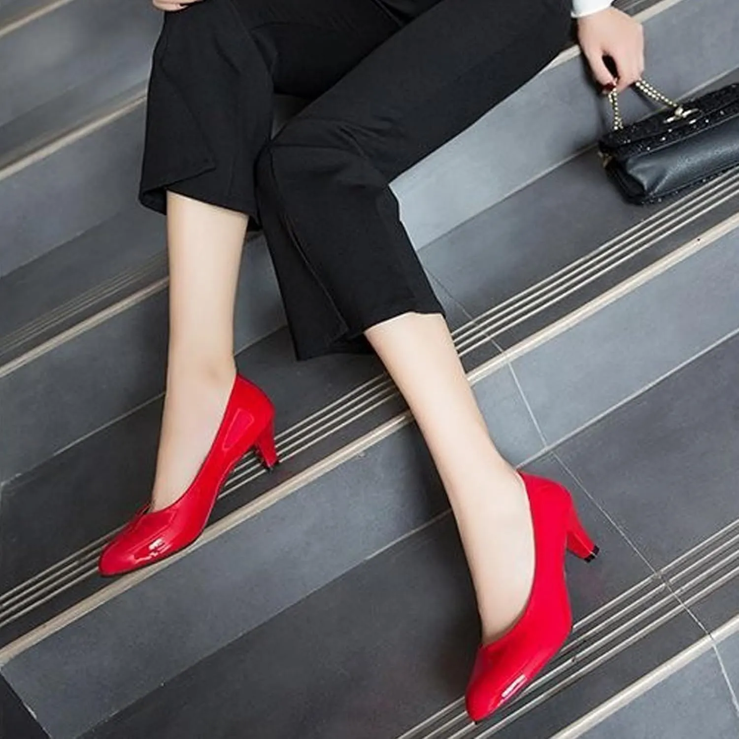 Women's Patent Leather Stiletto Heel Pumps Comfortable Round Toe Slip On Low Mid Heel Non Slip Business Office Dress Shoes