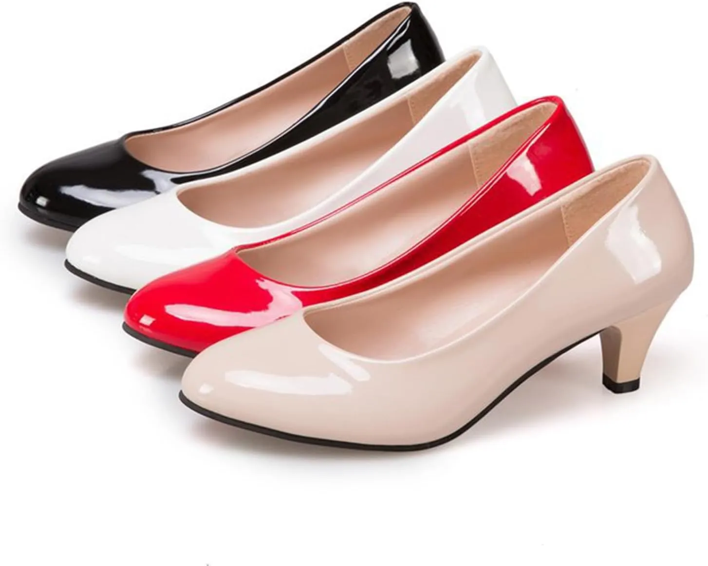 Women's Patent Leather Stiletto Heel Pumps Comfortable Round Toe Slip On Low Mid Heel Non Slip Business Office Dress Shoes