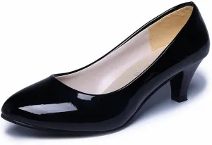 Women's Patent Leather Stiletto Heel Pumps Comfortable Round Toe Slip On Low Mid Heel Non Slip Business Office Dress Shoes