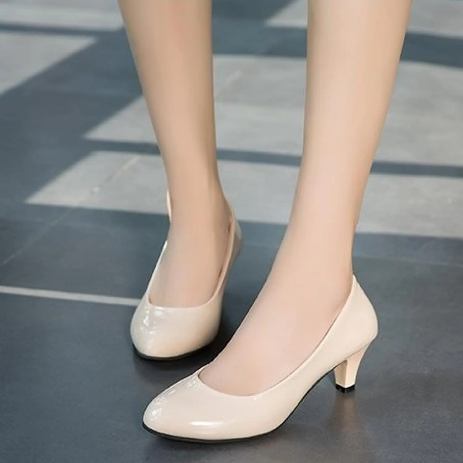 Women's Patent Leather Stiletto Heel Pumps Comfortable Round Toe Slip On Low Mid Heel Non Slip Business Office Dress Shoes