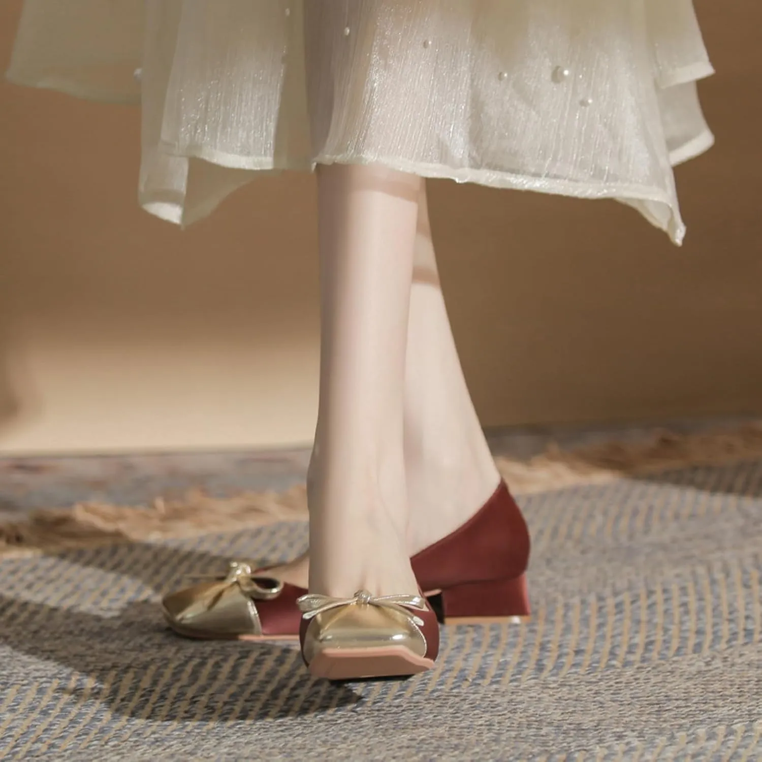 Women's Pumps Bow Tie Color Block Chunky Low Heels Square Toe Closed Toe Slip On Comfortable Heels Casual Fashion Dress Shoes