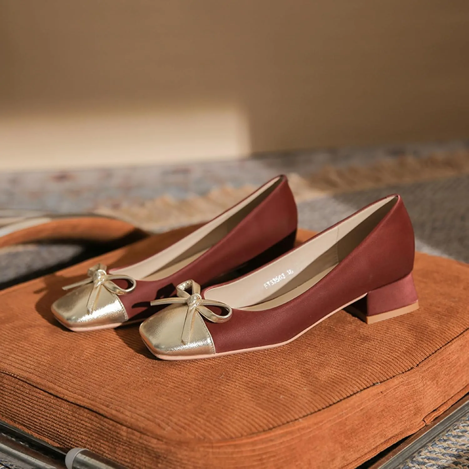 Women's Pumps Bow Tie Color Block Chunky Low Heels Square Toe Closed Toe Slip On Comfortable Heels Casual Fashion Dress Shoes
