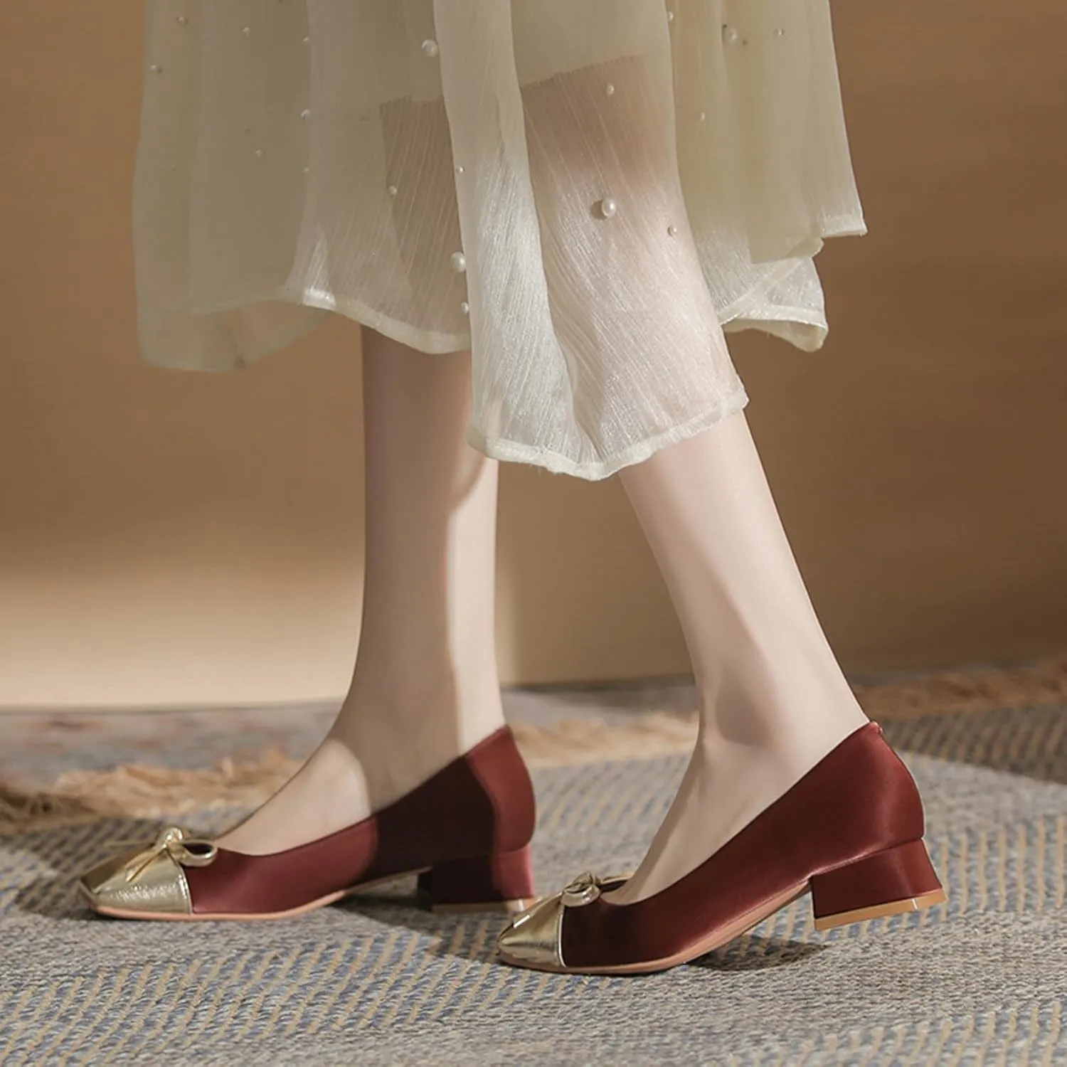 Women's Pumps Bow Tie Color Block Chunky Low Heels Square Toe Closed Toe Slip On Comfortable Heels Casual Fashion Dress Shoes