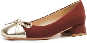 Women's Pumps Bow Tie Color Block Chunky Low Heels Square Toe Closed Toe Slip On Comfortable Heels Casual Fashion Dress Shoes